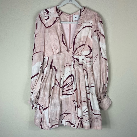 Aje. Amelia Long Sleeve Plunge Mini Dress Abstract Pink Size 8 - Picture 5 of 13